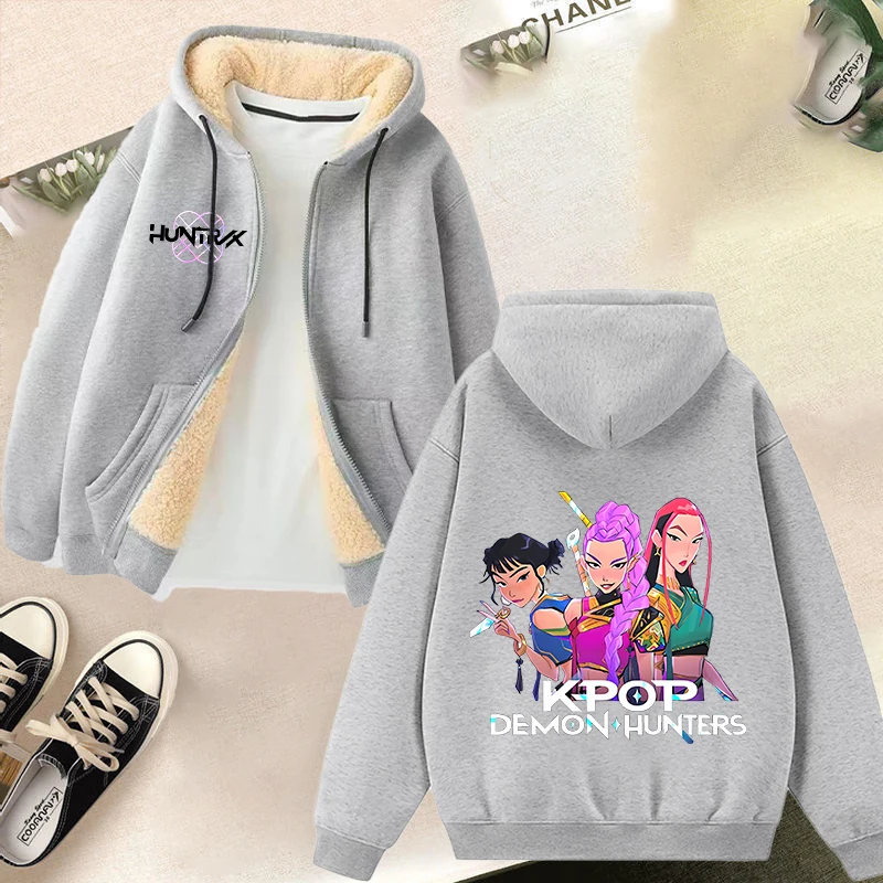 

Kpop Demon Hunters Thickened Hoodie Winter Girls Boys Gray Jacket Kids Keep Warm Zipper Coat Casual Outerwear Coat Tops Gifts