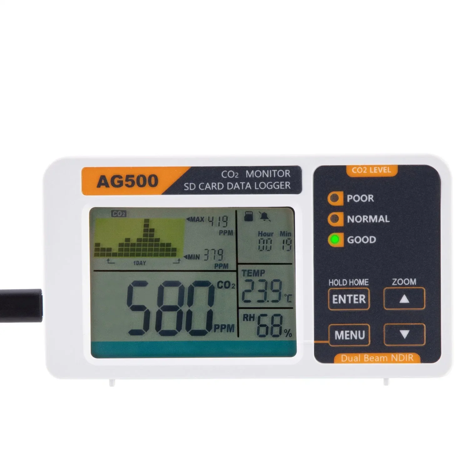 

Desktop Carbon Dioxide Monitor CO2 Detector with Data Logger LCD Display Temperature and Humidity SD Card Gas Sensor