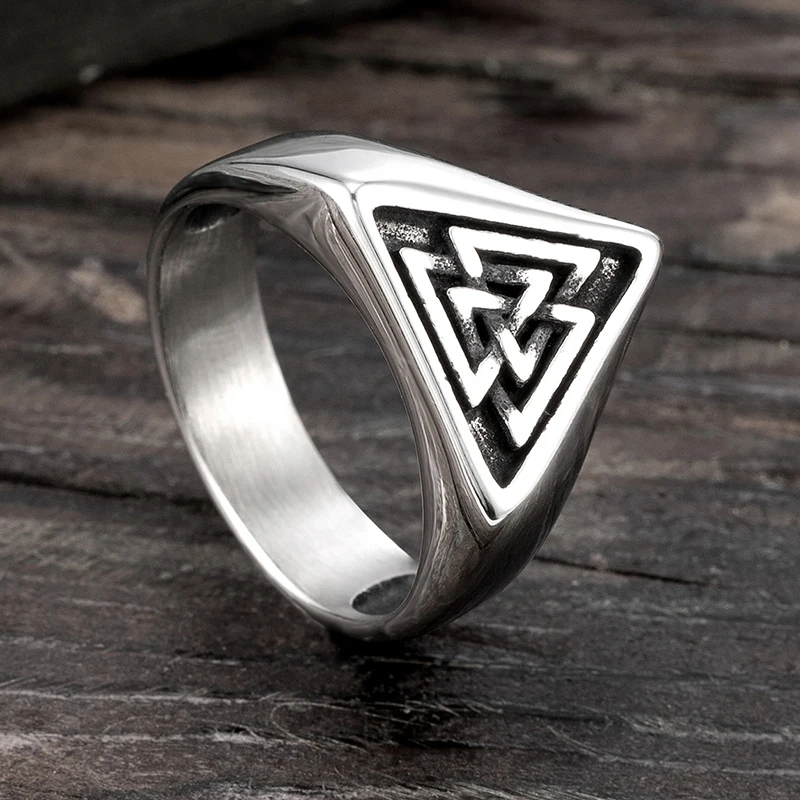 Thor's Hammer Triangular Titanium Steel Rings-Viking Punk Unisex Steel Color Norse Band US Sizes9-13Fashion Germanic Viking Ring