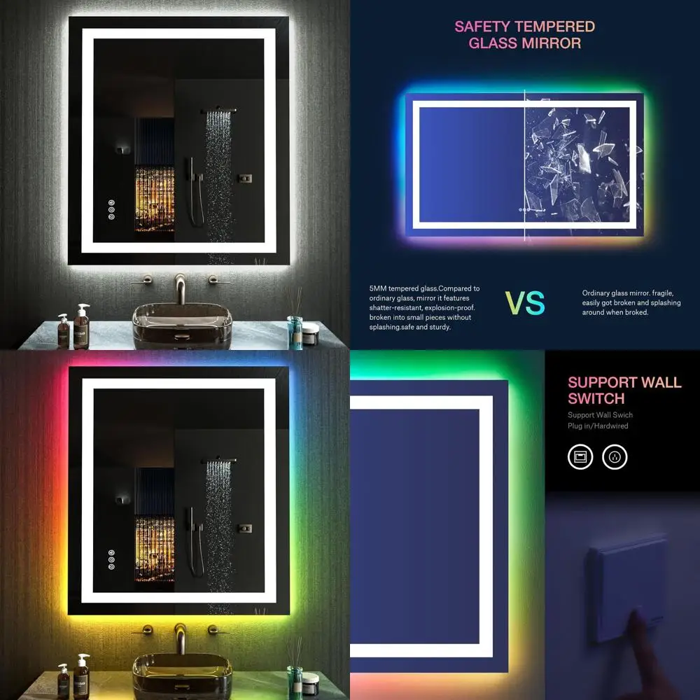 

Large 24x30 Dimmable RGB LED Bathroom Mirror with Anti-Fog, Multiple Lighting Options, Memory Function, Tempered Glass
