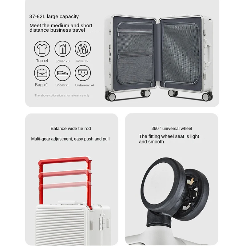 Suitcase Wide Handle Front Opening Luggage USB Dual Interface Laptop Bag Aluminum Frame Trolley Case Business Travel Bags Zipper