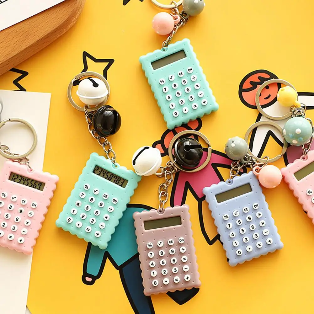 Mini Calculator Bell Decor Keychain 8 Digits Legible LCD Display Keys Mechanical Switch Calculator Calculator Key Holder 만화 계산기