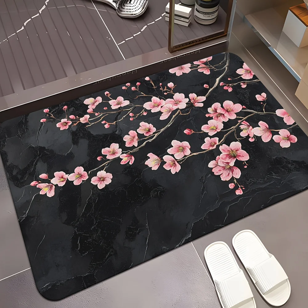 Luxury Pink Plum Blossom on Black Marble Non Slip Area Rug Washable Indoor Floor Mat for Chinoiserie Japanese Zen Home Decor