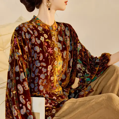 ​​New Chinese Style Velvet Shirt Women 2025 Fall Devoré Glazed Window Print Mandarin Collar Blouse​​