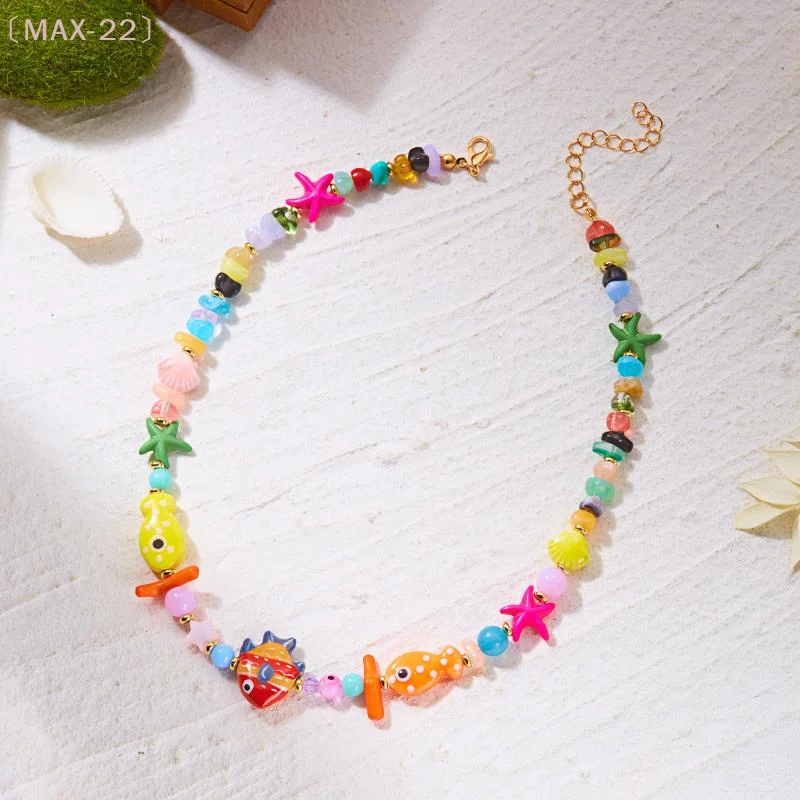 〔MAX-22〕Beach Style Colorful Ceramic Fish Starfish Choker Necklace Ocean Scallops Beaded Vacation Jewelry