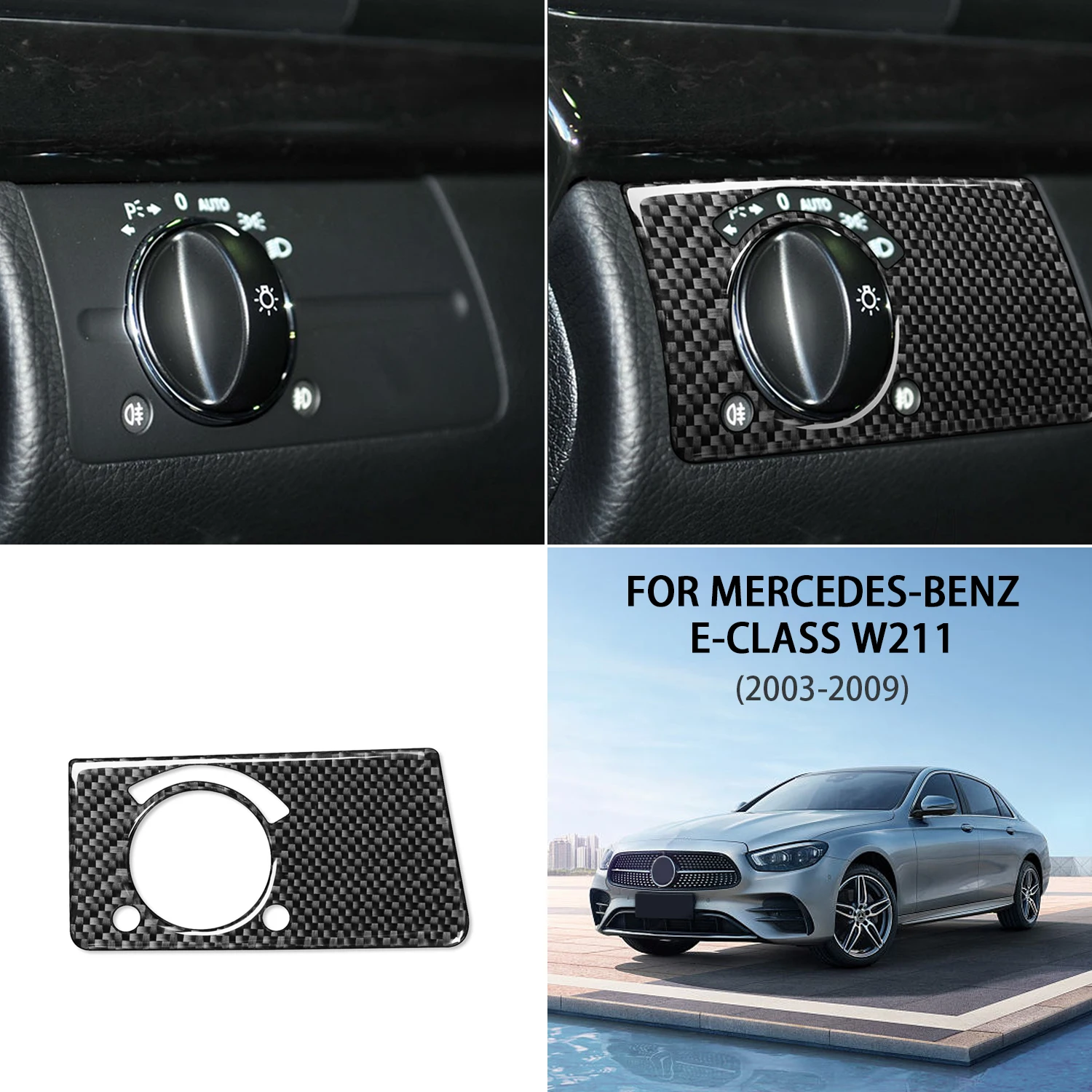 For Mercedes W211 Benz E-Class 2003-2009 Carbon Fiber Car Headlight Switch Button Sticker Frame Trim Cover Auto Assesories