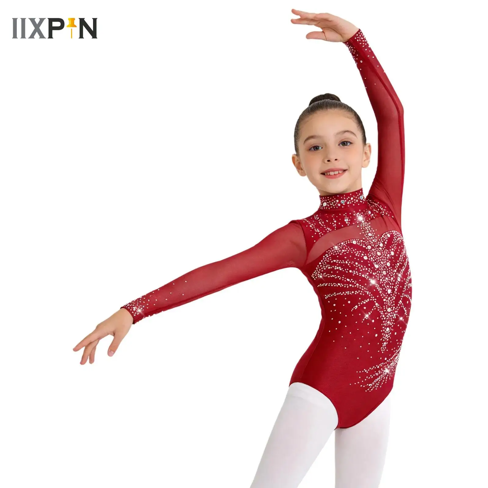 Kids Girls Rhythmic Gymnastics Leotard Shiny Rhinestone Ballerina Dance Costume Long Sleeve Athletics Costume Child Bodysuit