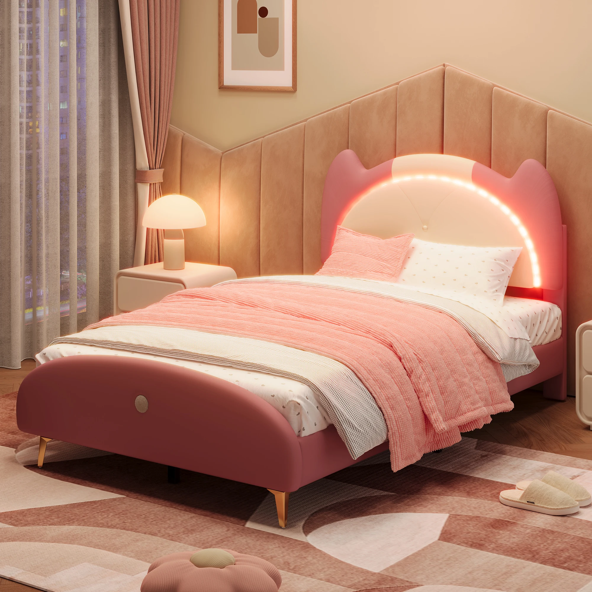 LED Strip Padding Single bed Wood Latten Kids bed MDF + PU leather Soft Sponge Beige + Pink 90x200cm