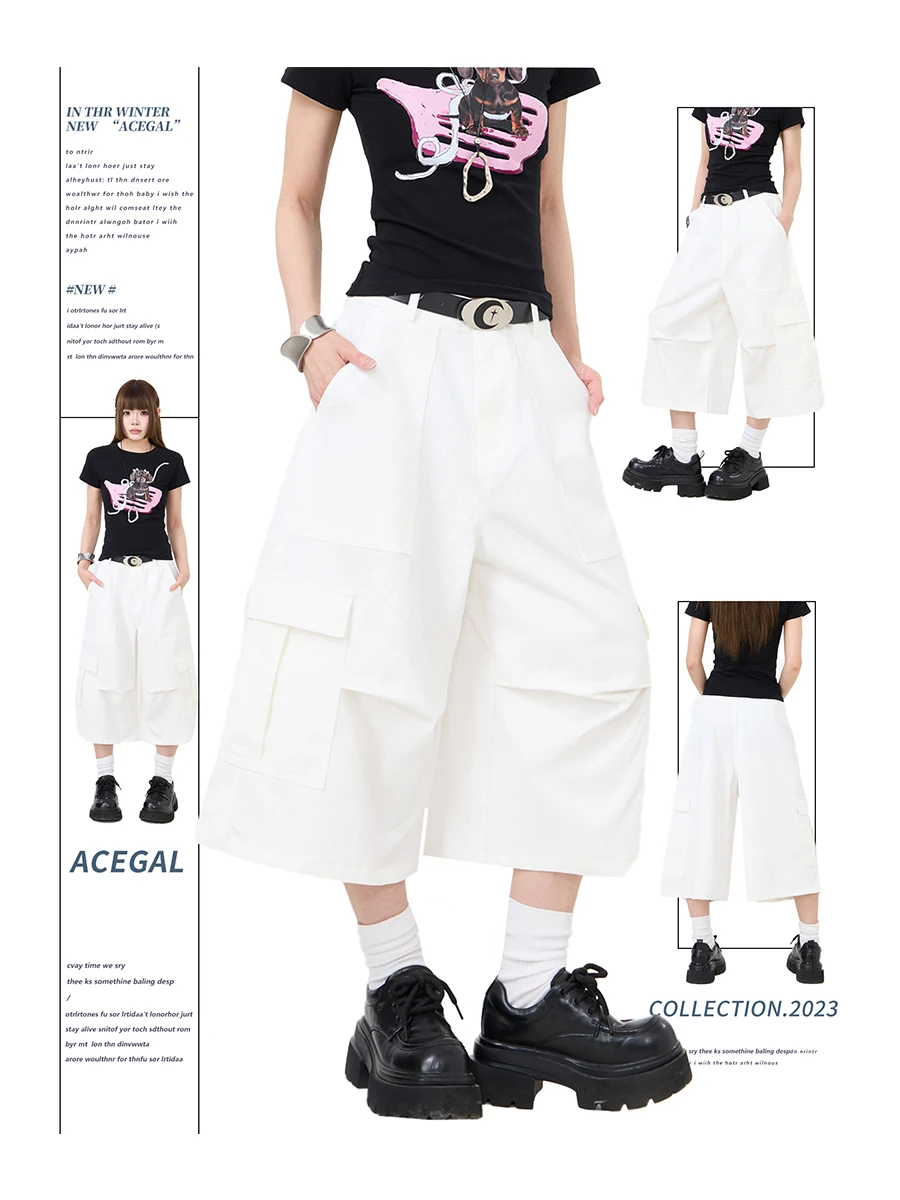 American Style Work Pants Men's Loose Wide Leg Seven Fold Design Short Size Multpocket Casual Trousers for Men And Women