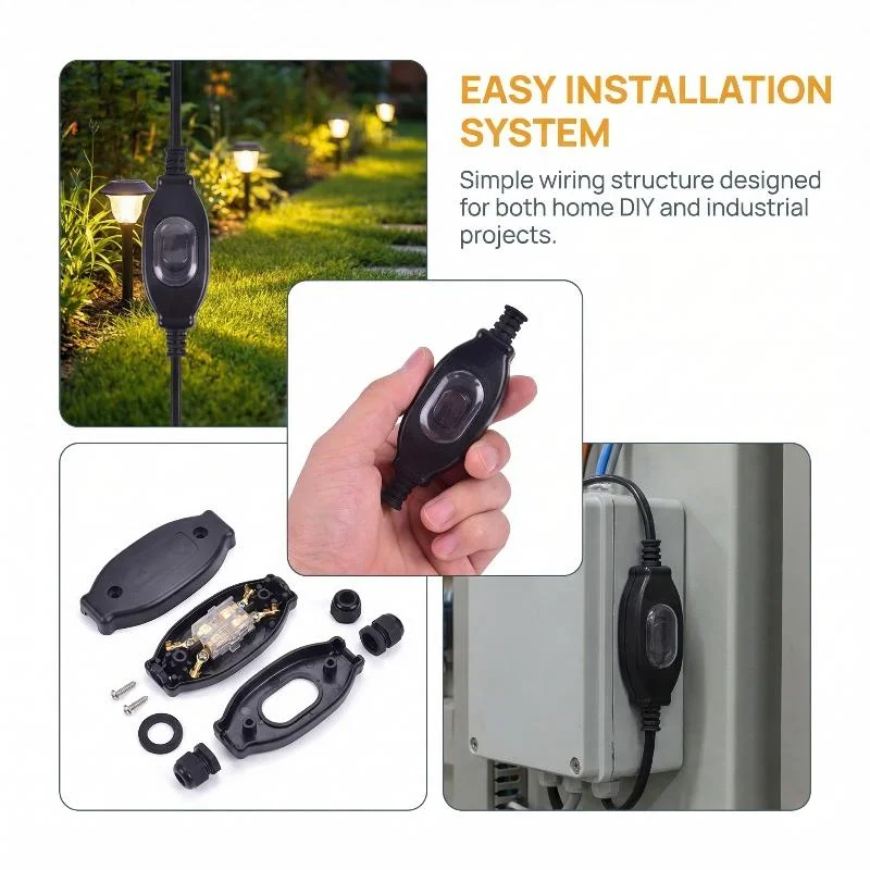 Waterproof In Line Silver Contact PC Easy Install Cord For Round Wire Home Lighting Fixtures And DIY Projects