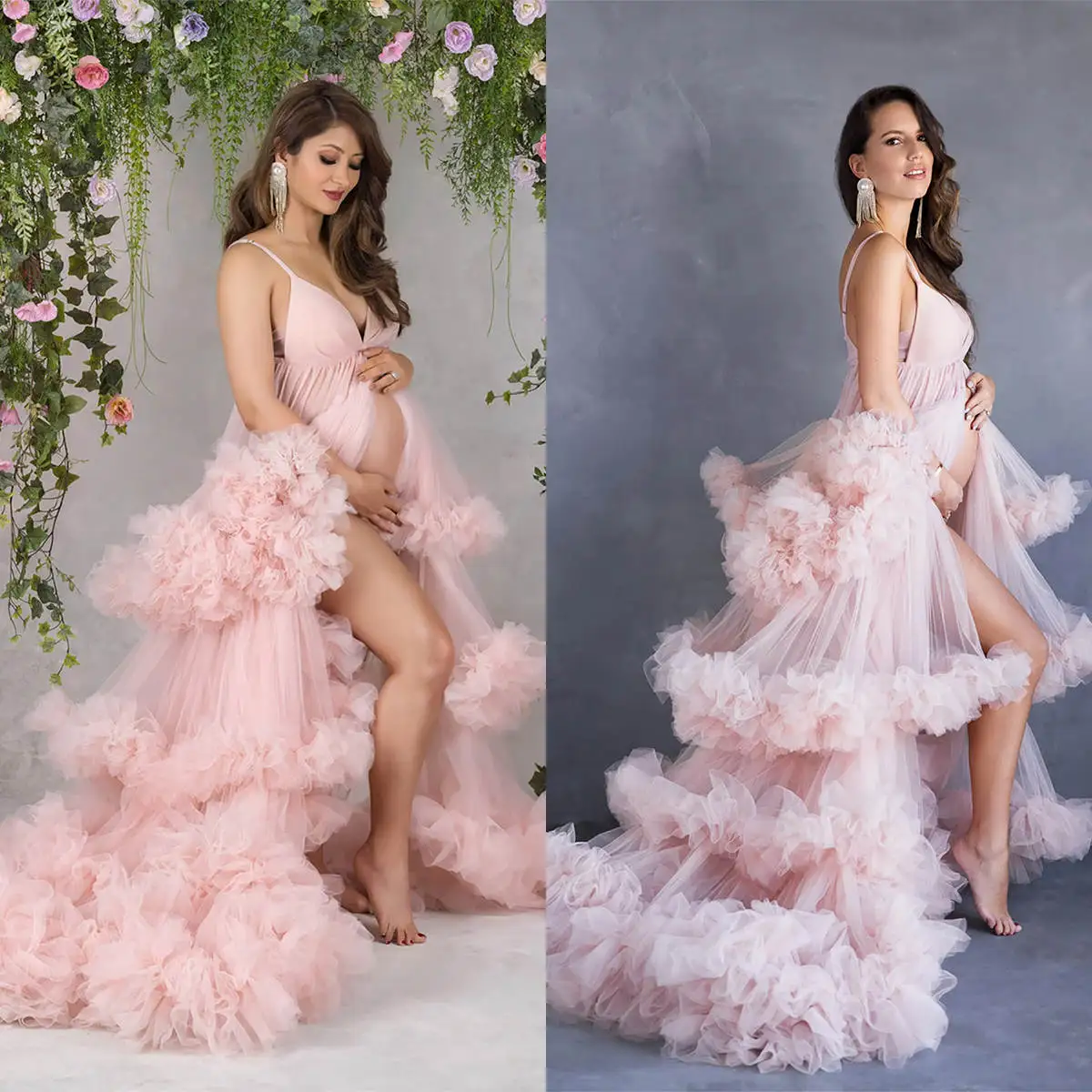 

Tiered Bathgown Tulle Maternity Robe for Photoshoot Ruffles Sleeveles Bridal Robe Pregnancy Gowns Túnica materna Custom Made