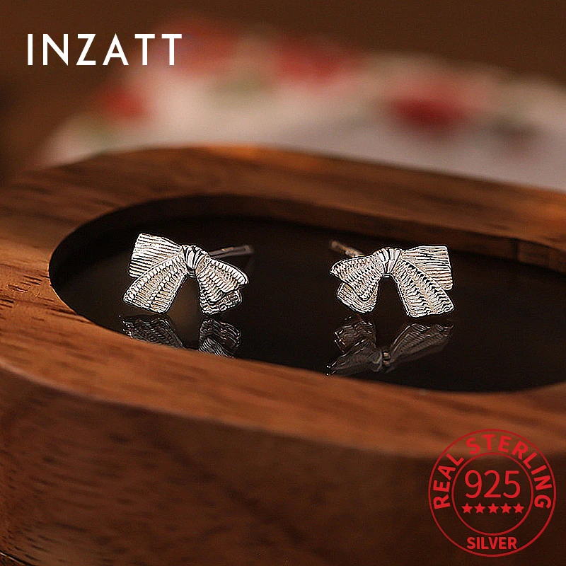 

INZATT Real 925 Sterling Silver Geometric Bowknot Stud Earrings For Women Classic Fine Jewelry Minimalist Accessories