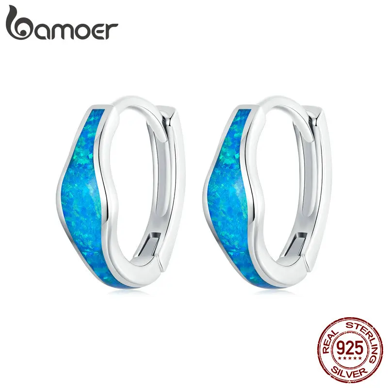 BAMOER 925 Sterling Silver Opal Hoop Earrings for Women White Gold Plated Hypoallergenic Huggie Earrings for Gifts