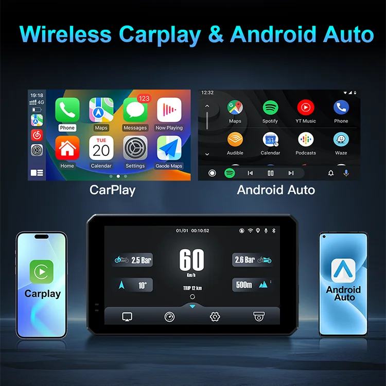 שדרוג חדש מסך ניווט GPS בגודל 6 אינץ' לאופנוע עם Carplay, עמיד למים בתקן IP68, מצלמת דרך, תצוגת מגע לאנדרואיד אוטו לאופנועים