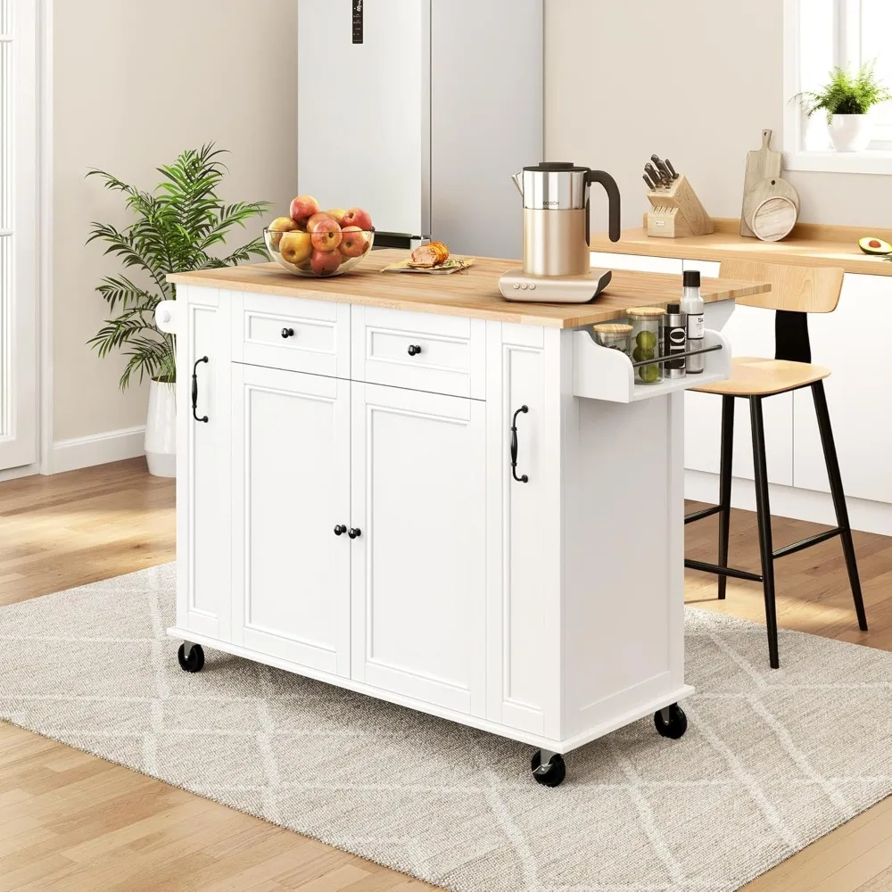 

52W Kitchen Island with Drop-Leaf Breakfast Bar and 2 Pull-outs, Kitchen Cart on Lockable Wheels with Rubberwood Top