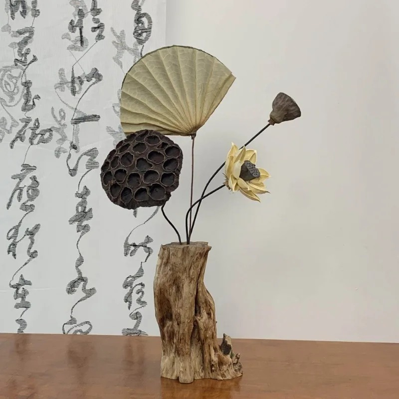 Chinese Retro Zen Style Solid Wood Vase Ornament, Dried Flower Arrangement Decor for Living Room, Tea Room & Tea Table