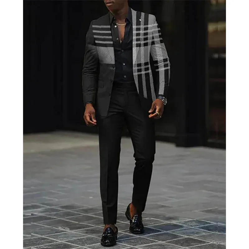 Men\'s Blazer Set Fashion Colorblock Plaid Lapel Collar Button Blazer & Pants 2Pcs Set Male Business Casual Prom Suit for Men