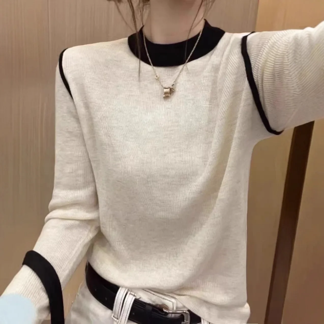 

Soft Sweater Base Shirt for Women Early Spring Season Elegant Splice Color Knitted Long Sleeve round Neck Slim Fit Pullover