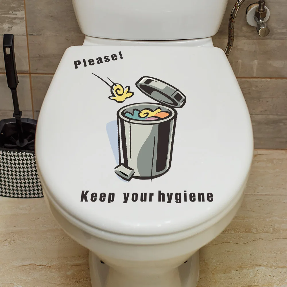 C18# Cartoon Trash Can Funny Toilet Stickers Cartoon Child Urination Toilet Lid WC Door Sticker Decor Paper Household