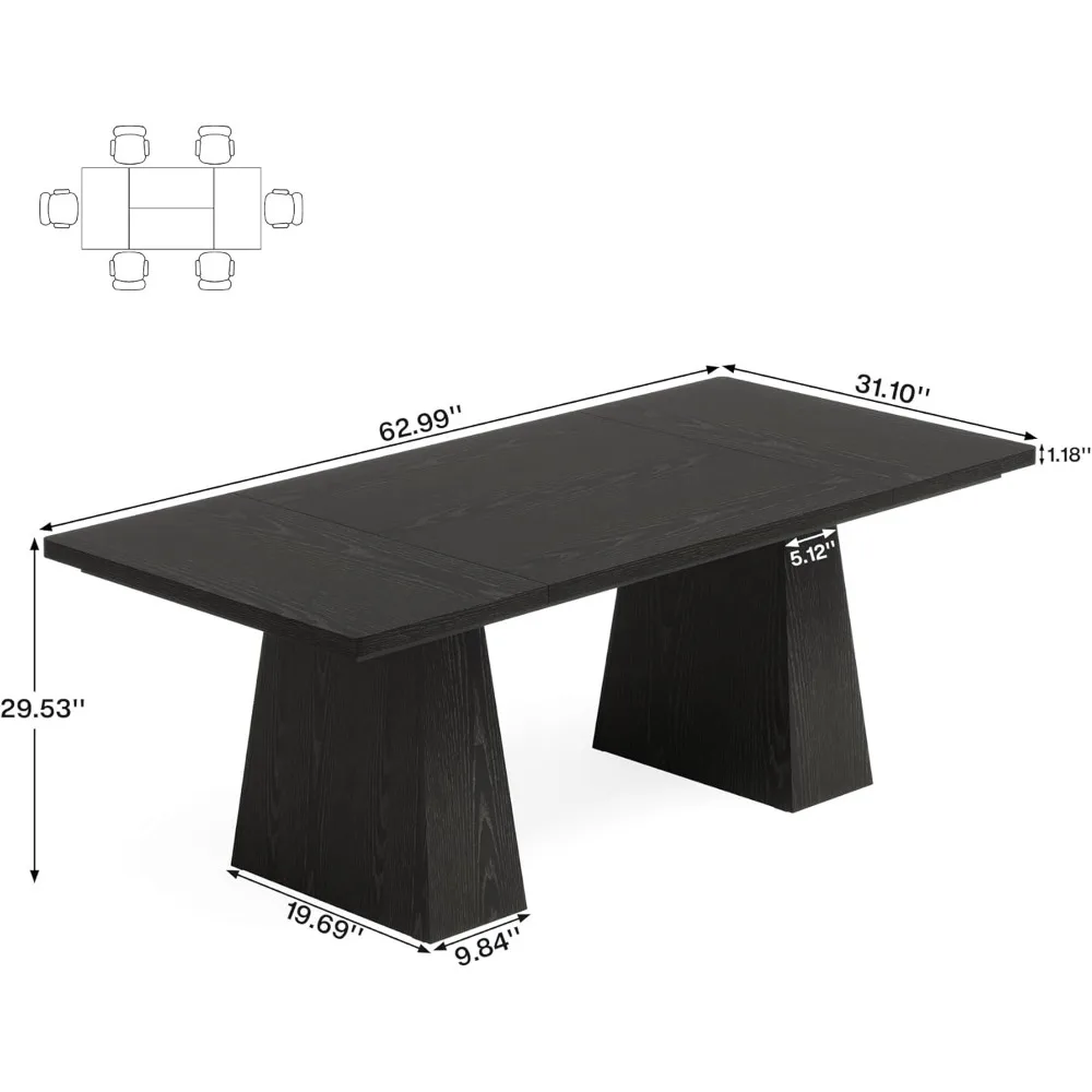 63-Inch Black Dining Table for 4-6, Modern Kitchen Table with Sturdy Tapered Wood Legs, Rectangular Dinner Table