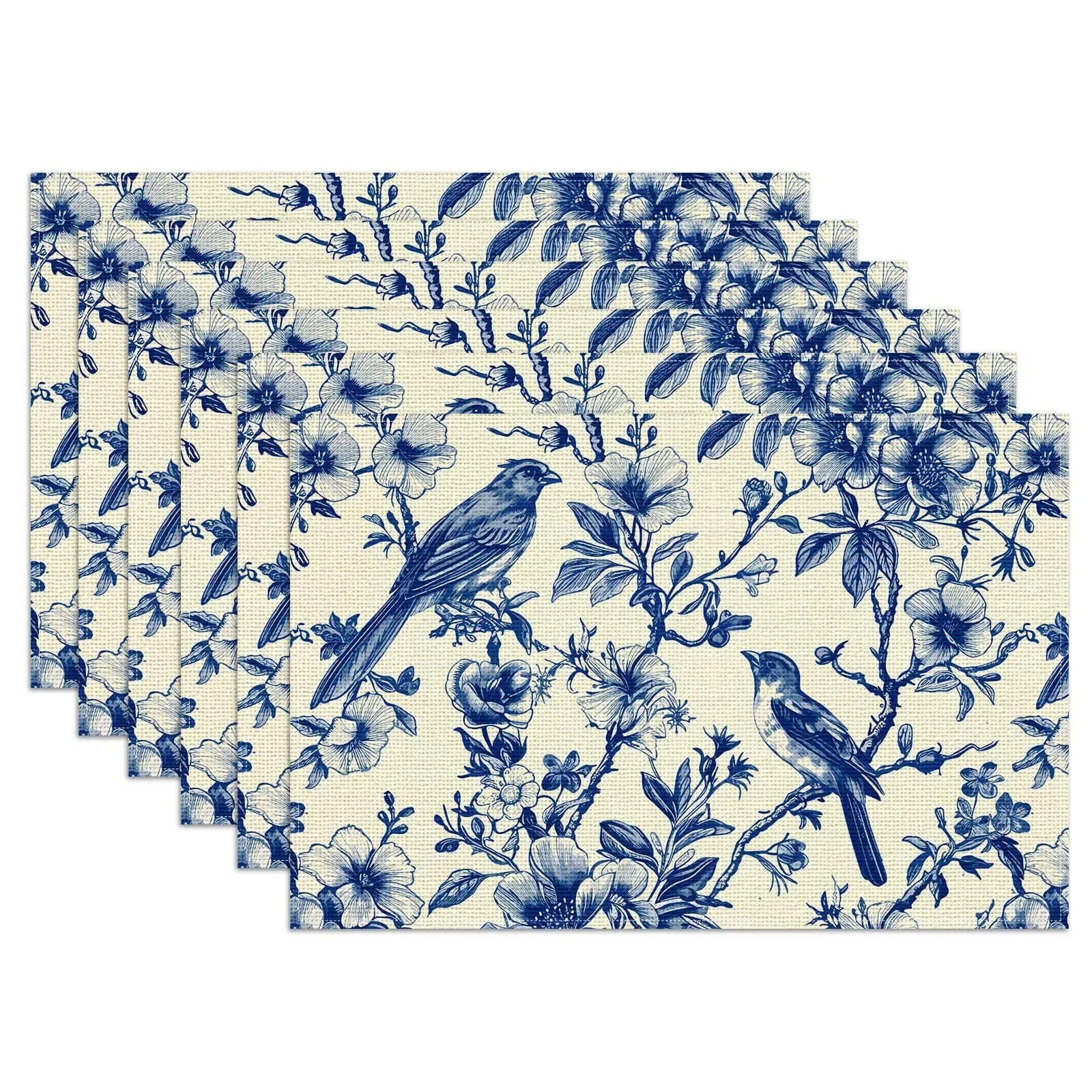 Blue Floral Birds Branches Linen  Placemats Set Washable Non-Slip  Florl Place Mats Decorative Linen Fabric Table Mat for Dining