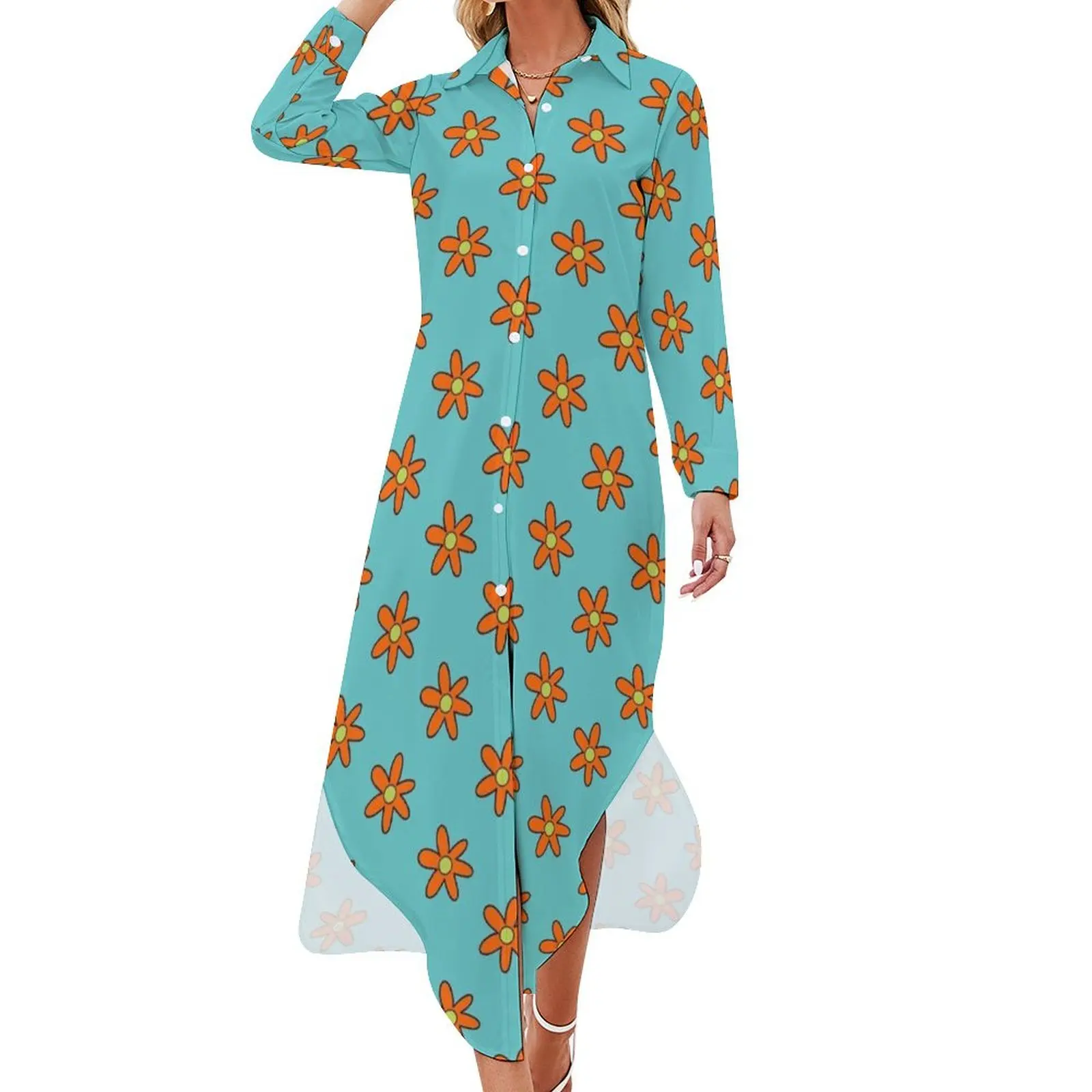 

mystery machine flower pattern Long Sleeved Shirt Dress summer dresses dress for woman Dress women