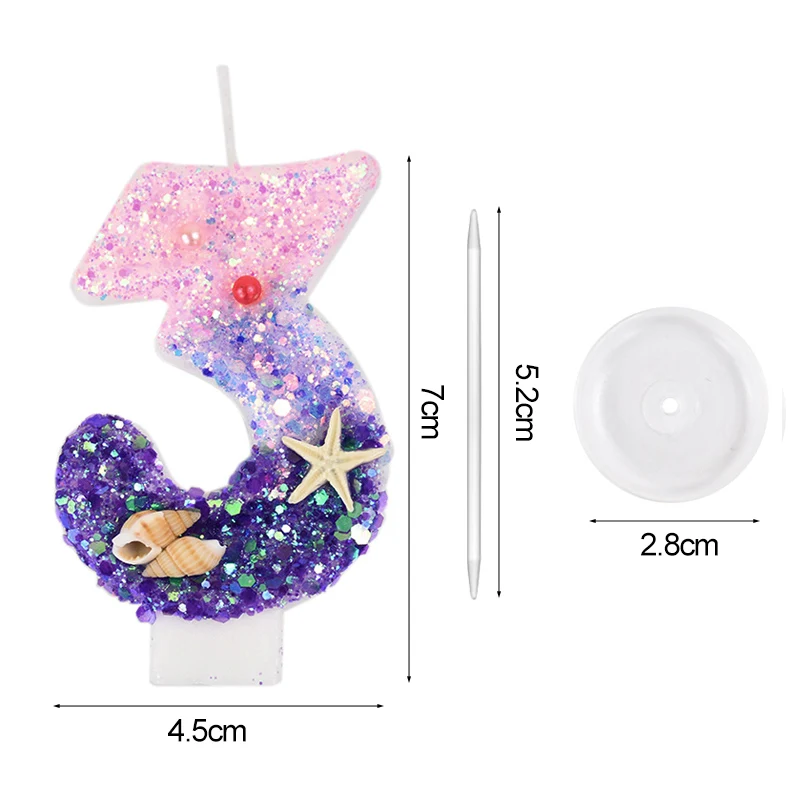 Ocean Mermaid Cake Decoration 3D Sparkly Number Candles Cake Topper Baking Celebration Mermaid Birthday Party Decor Accessories