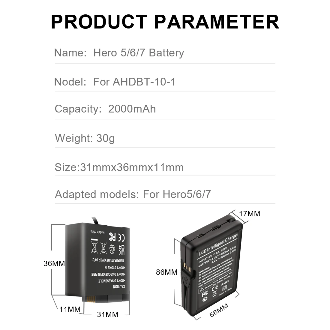 Bateria 2000mAh dla GoPro Hero 5 6 7 8 Hero 5 Hero 6 Hero 7 dla GoPro Action kamera sportowa