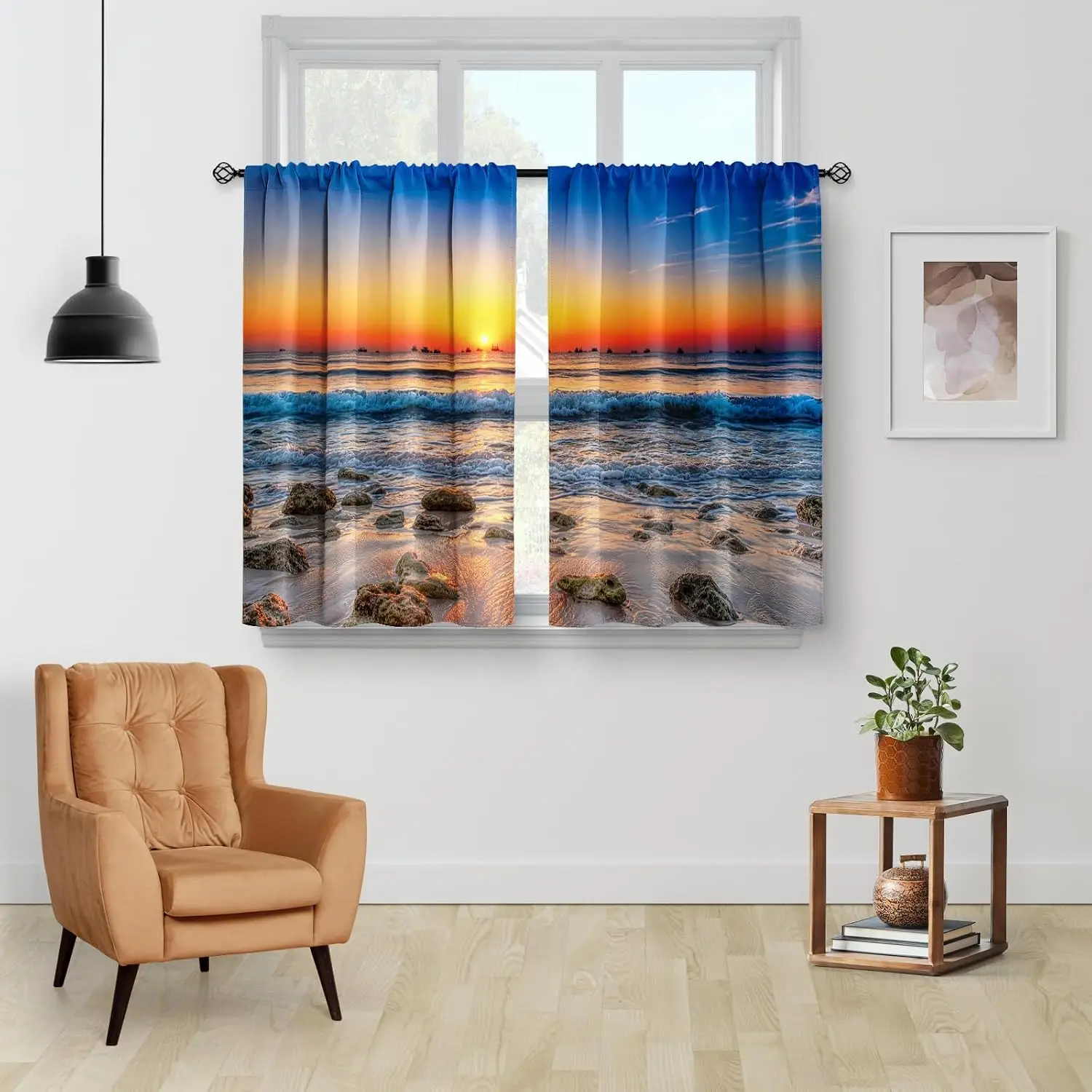 Luxurious Sunset Beach Ocean Print Curtains Drapes Tropical Coastal Sunrise Window Panels Waterproof Bathroom Decor Home
