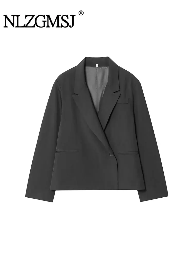 

NLZGMSJ Office Lady Women Black Blazer Solid Pockets V Neck Long Sleeve Single Button Blazer Fashion 2025 Autumn Outwears