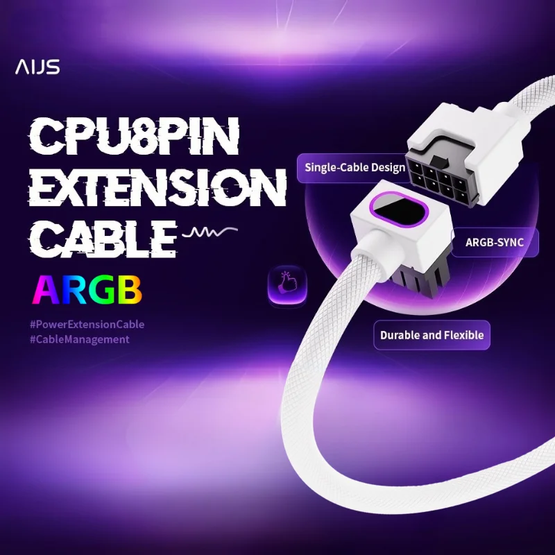 

AIJS CPU8 PIN Удлинительный кабель питания для ПК с синхронизацией ARGB Aura, угловой шнур питания 90 градусов, однопроводной соединительный кабель 30 см