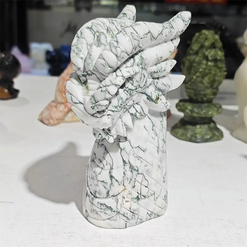 Natural Moss Agate Dragon Head Carving Healing Stone Energy Gemstone Cute Home Office Decoration Gift 1PCS