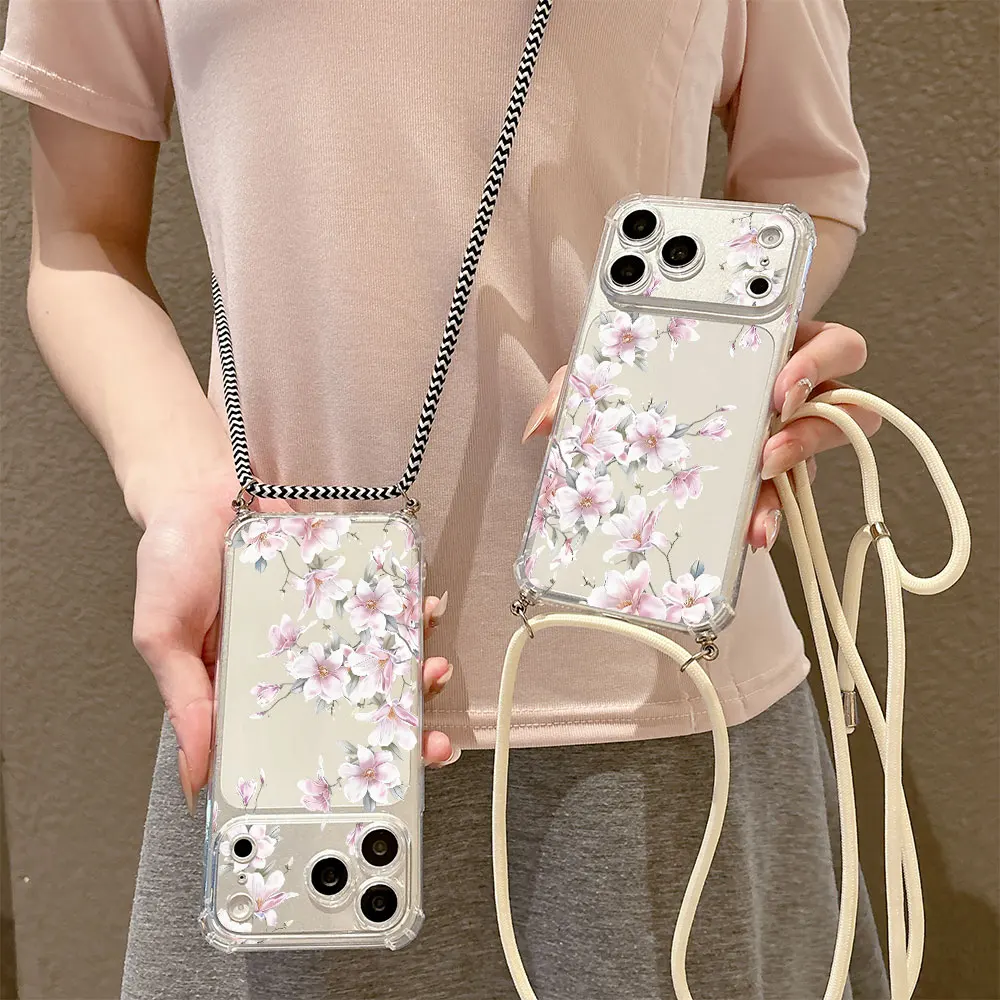 For iPhone 13 12 17 16 15 14 11 Pro XS Max 7 8 Plus 16e 17e Air SE 2022 New Pattern Crossbody Lanyard Clear Anti Fall Phone Case view 4