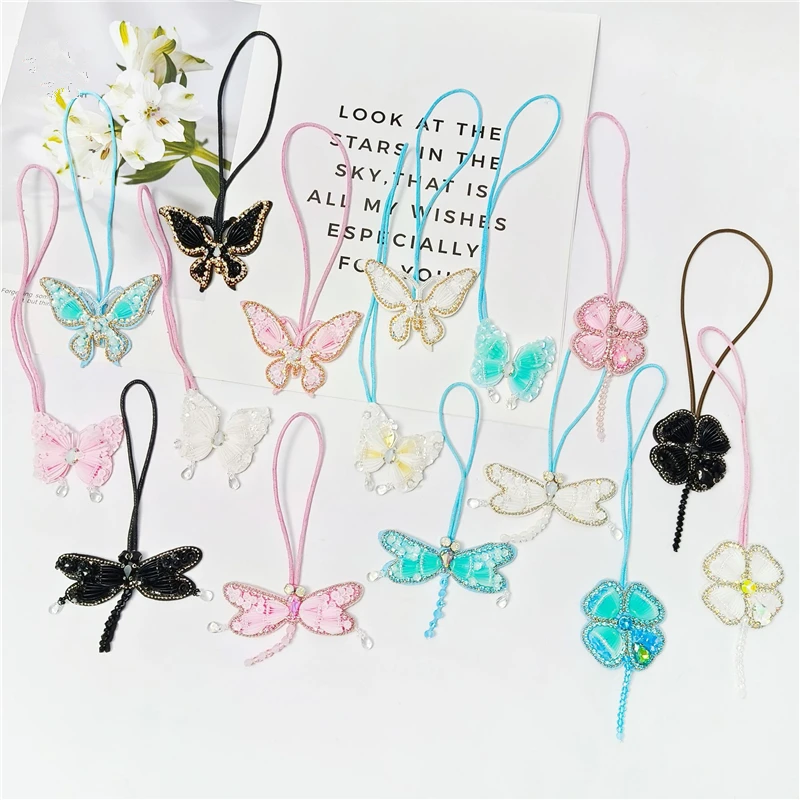 3D Handmade Rhinestone Beaded Butterfly Dragonfly Clover Hanging Rope Patches Crystal Bag Lanyard Patch Beading Applique