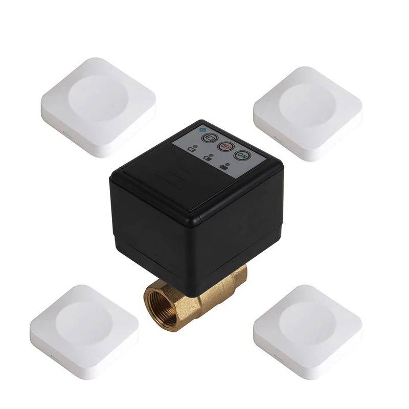 home alarm wireless water leak protection system batteries power Brass Smart Valve DN15 DN20 DN25 and 4pcs wireless water sensor