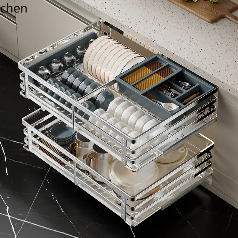 

LXC304 Stainless Steel Cabinet Pull Basket Dish Rack Double Layer Drawer Type Slide Rail Damping Storage Bowl
