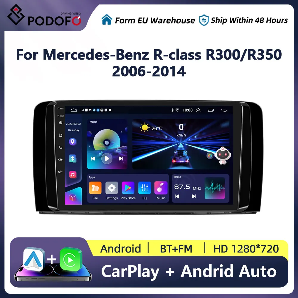 Podofo CarPlay Car Radio With Android For Mercedes-Benz R-class R300/R350 2006-2014 GPS Multimedia Player Stereo 2din Main Unit