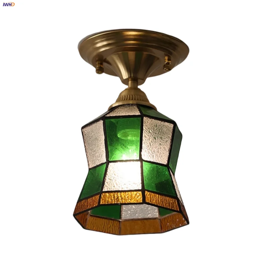 

IWHD Copper Canopy LED Ceiling Lights Corridor Balcony Aisle Handcraft Glass Vintage Loft Tiffany Style Plafond Lamp Plafoinner