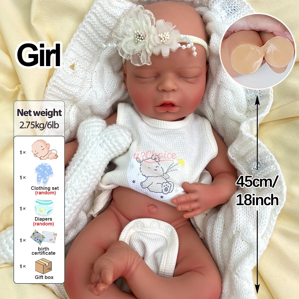 Boneca bebê reborn de silicone macio de 18 polegadas, flexível, realista, ponderada, menina dormindo, olhos fechados, recém-nascido para colecionadores, entusiastas de bonecas