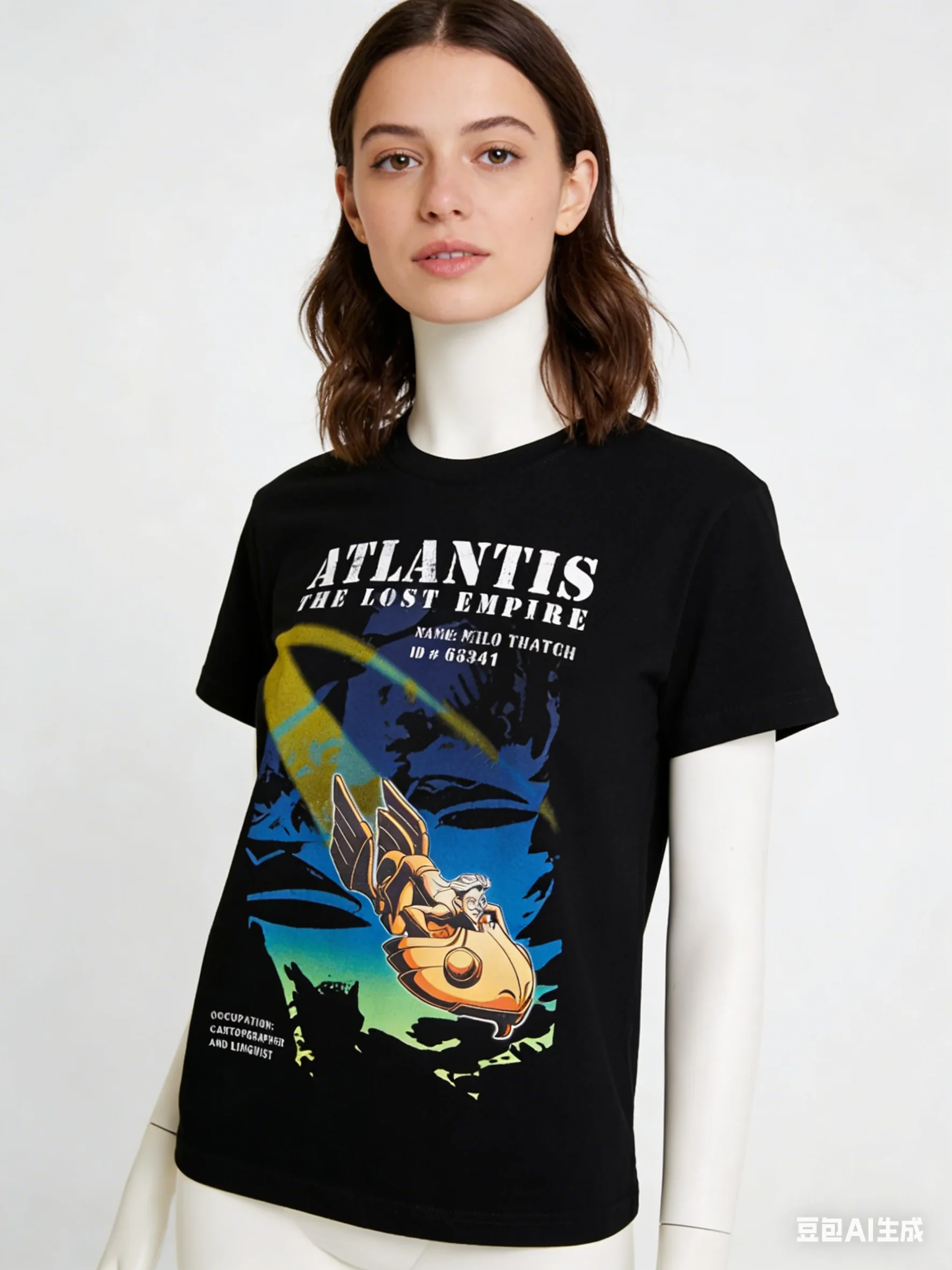 تي شيرت فضفاض عالي الجودة من القطن أتلانتس تي شيرت ميلو ثاتش غواصة صفراء تحلق فوق خريطة المحيط الأزرق والأخضر ملابس رياضية كاجوال