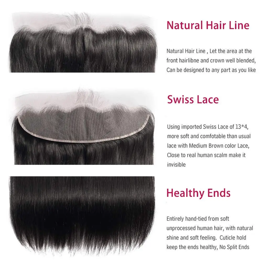 Rambut Virgin Brasil kelas 12A Lurus 3 bundel dengan bundel rambut manusia lurus Frontal dengan 13x4 warna alami renda Frontal