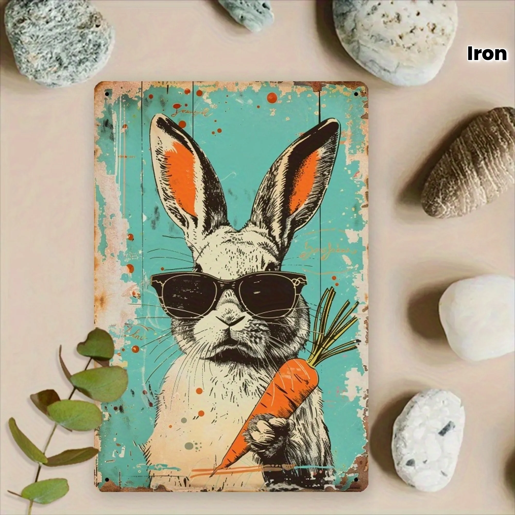 Vintage Iron Wall Art Featuring a Funky Retro Rabbit And Carrot - with a Teal Splattered Background, Ideal for Home, Porch
