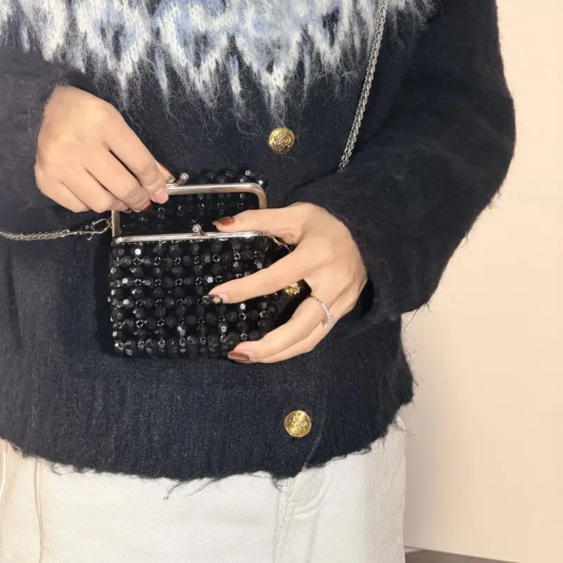 Vintage Black Beaded Clutch Bag with Chain Elegant Evening Party Crossbody Luxury Brand Purse for Women Designer Bags view 3