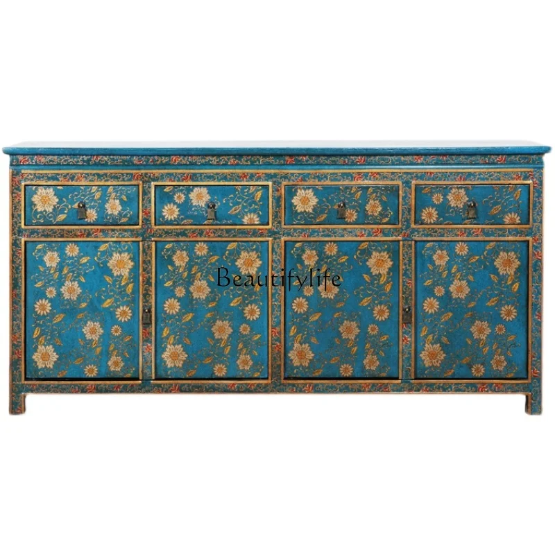 Chinese solid wood gold pattern dining side cabinet art decorative furniture entrance cabinet