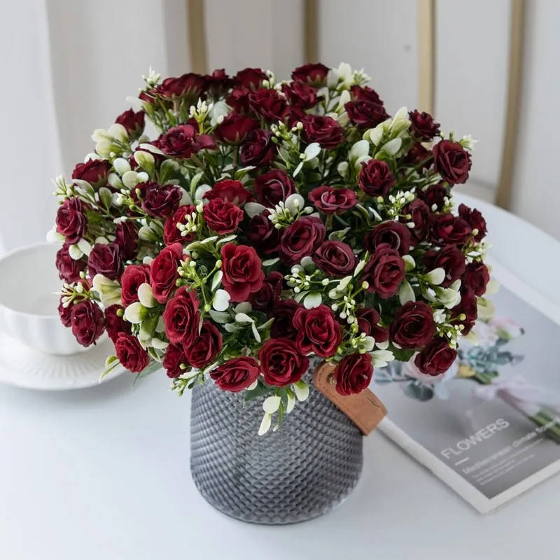 5 Zweige, 15 Blüten, Seidenrosen für Hochzeitssträuße, Festivals, Girlanden, Dekoration, Wohnzimmer, Bonsai, künstliche Blumen, Handarbeit – Detail 13