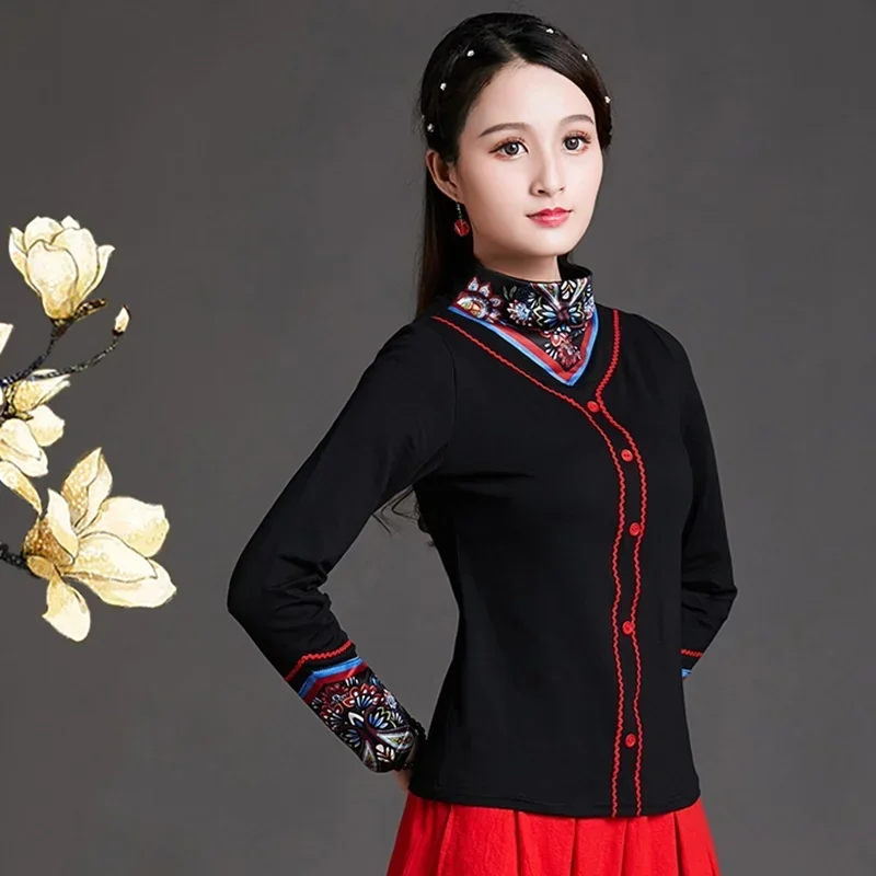 بلوزة تقليدية ريترو السيدات الياقة المدورة خمر تي شيرت سليم أنيق الصينية شيونغسام القمم للنساء FF247 MN1