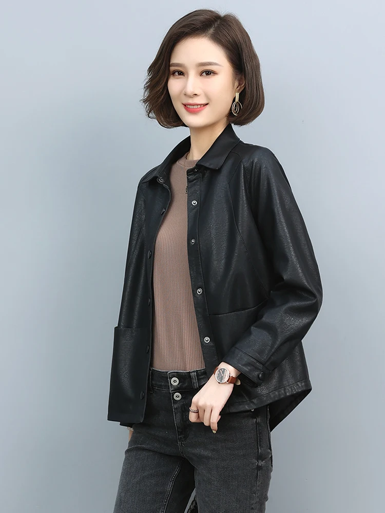 Giacca Corta in Pelle di Agnello da Donna, Stile Casual, Nuova Versione Coreana Primavera-Autunno, Taglia Piccola, Giacca in Vera Pelle