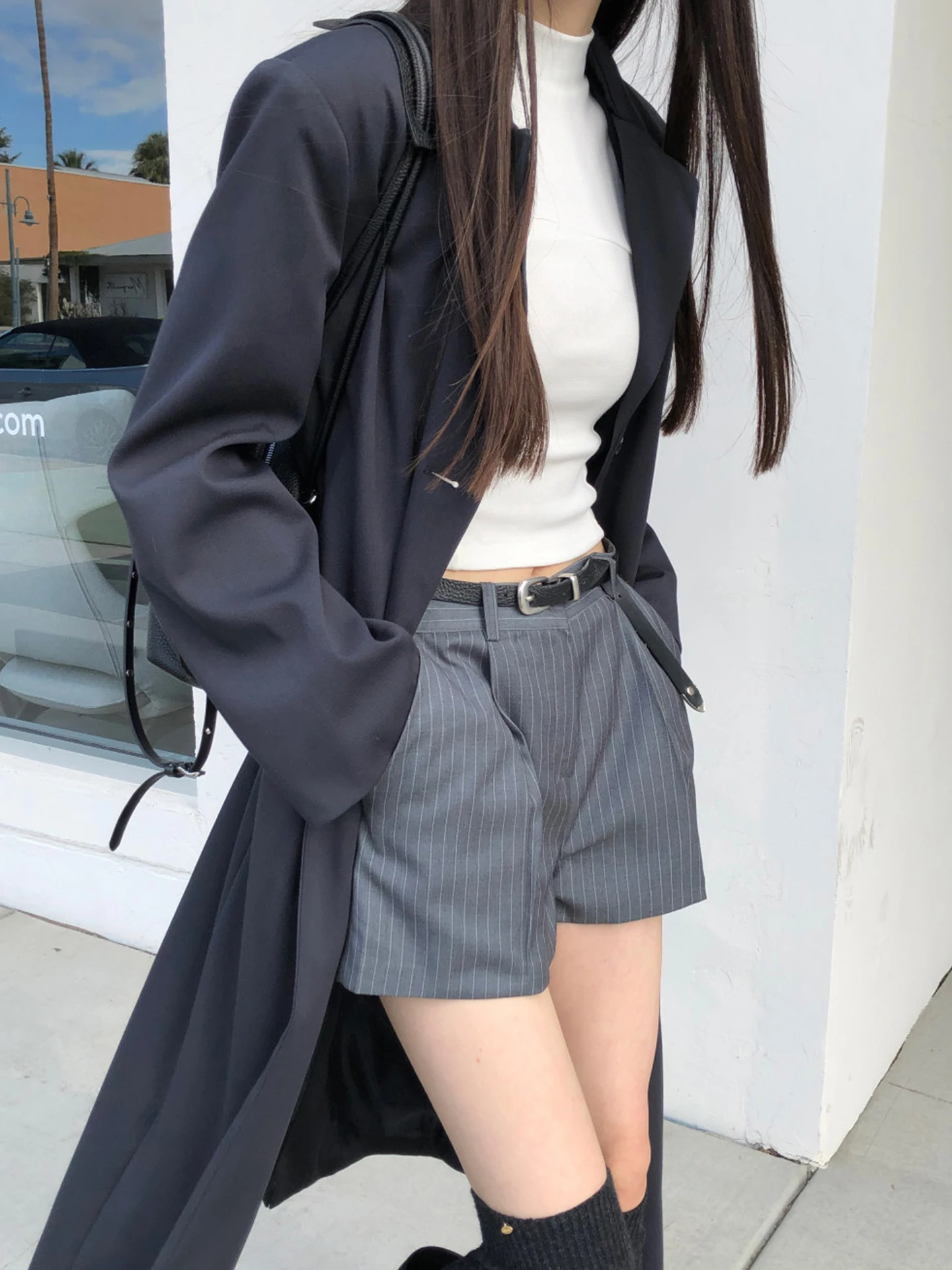 Gray Vertical Striped Suit Shorts Women's High Waist Straight Leg Casual Pants Korean Style Summer New Retro Slimming Shape