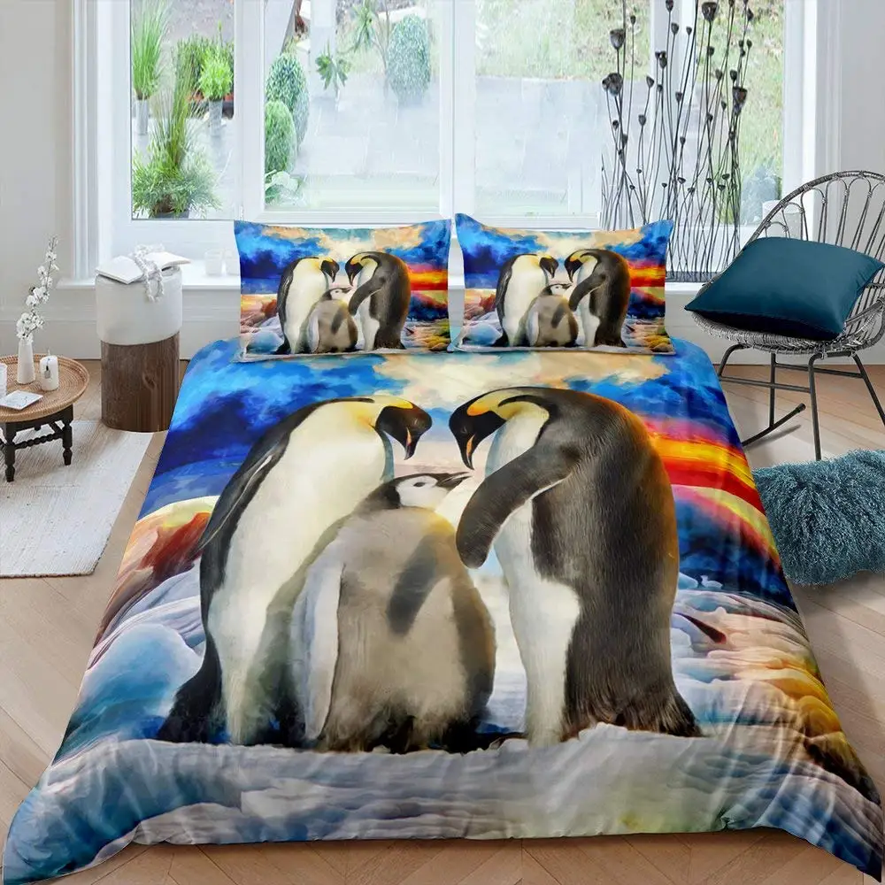 

Animal Duvet Cover Set, Penguin Couple Romance Falkland Islands, Decorative 3 Piece Bedding Set with 2 Pillow Shams, Full Size
