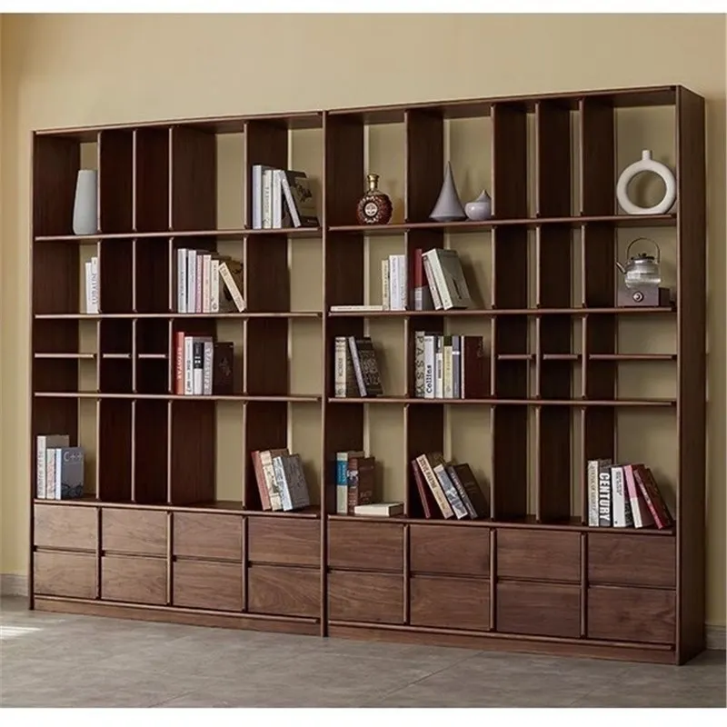 Simple, North American black walnut floor-to-ceiling bookshelf, Nordic solid wood whole-wall bookcase, living room storage dis